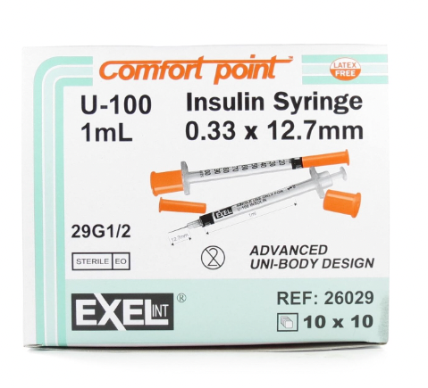 Exel U-100 ComfortPoint 1ml Insulin Syringe 29G x ½" (BY CASE)