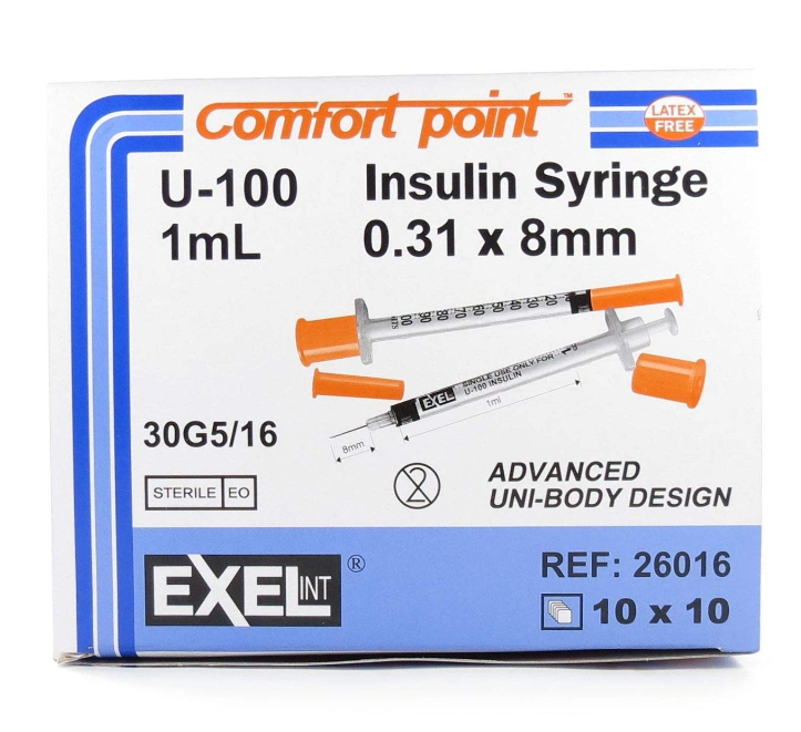 Exel U-100 ComfortPoint 1ml Insulin Syringe 30G x 5/16" (BY CASE)